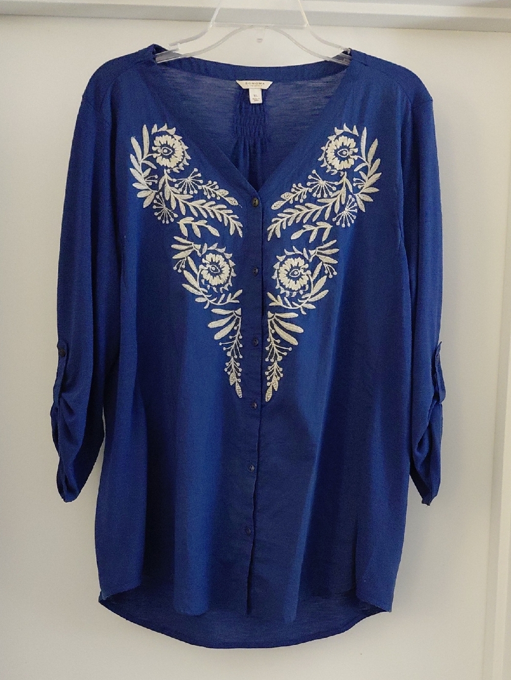 Sonoma Royal Blue Embroidered V-Neck Button Tunic